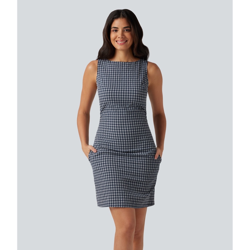Halara Women's Black White Sleeveless Gingham Boat Neck Mini Dress Small NWT